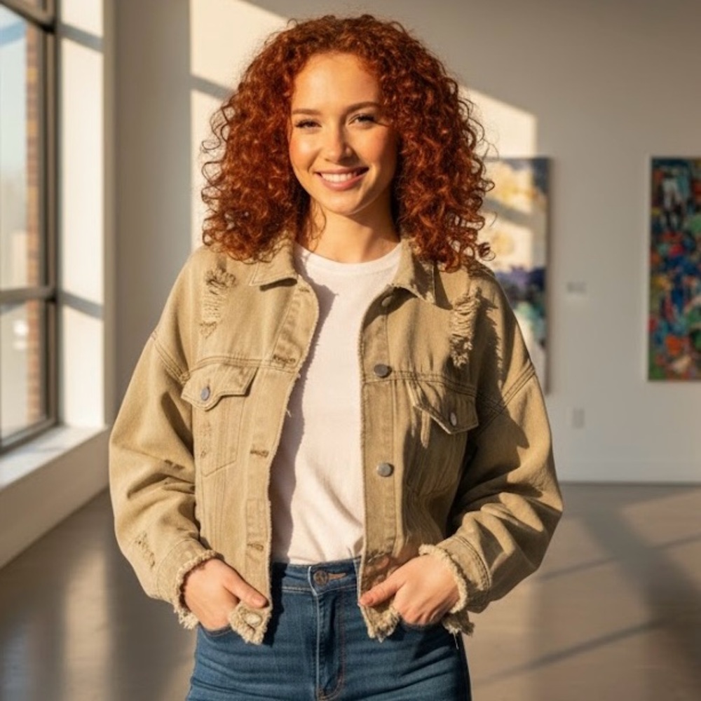 POL Mystery! Green Plaid Large Jean Jacket